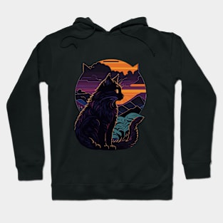 black cat with mountain background at the sunset Hoodie